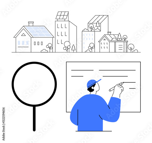 Worker pointing at presentation board alongside buildings with solar panels and trees. Magnifying glass represents research. Ideal for sustainability, clean energy, urban planning, teaching