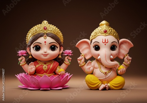 Lord Ganesha and Goddess Lakshmi hold fragrant flowers, adorning themselves in lavish gold jewelry against a simple brown background.