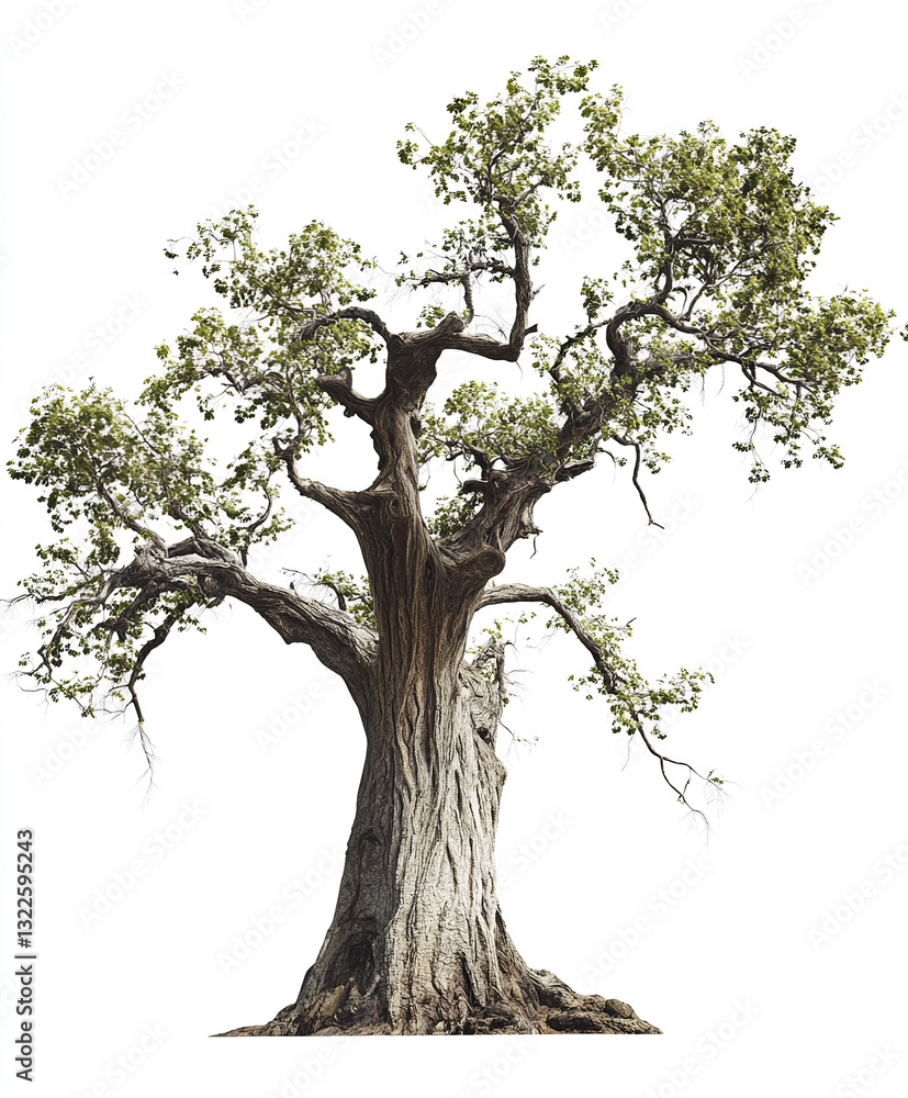 Fototapeta premium Ancient tree with twisted branches and green leaves on white background