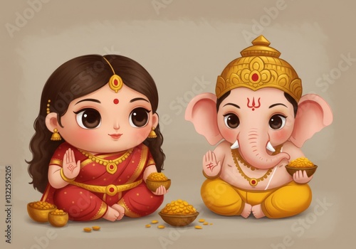 A divine scene featuring a Hindu goddess holding bowls of golden coins, symbolizing wealth and prosperity in ancient Indian art.
