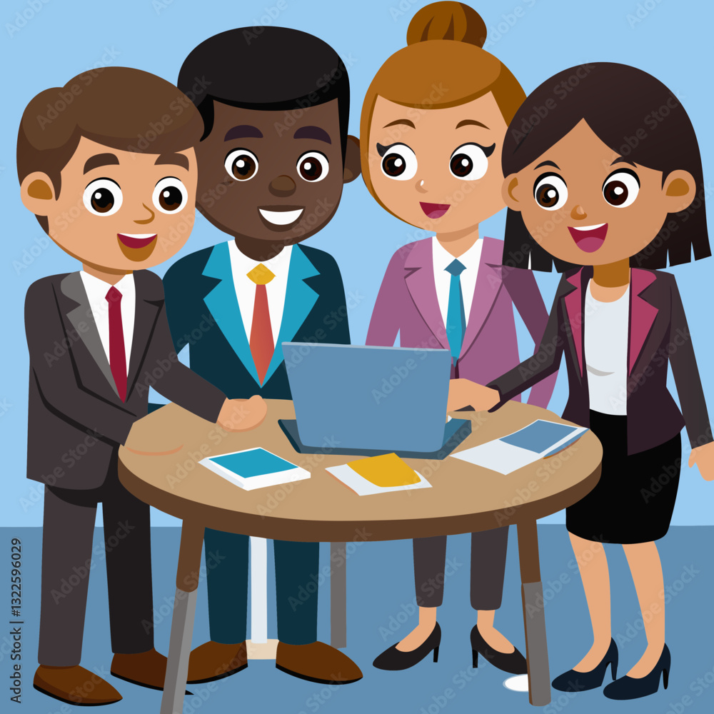 Office teamwork icon depicts business people meeting, a set of cartoon avatars in suits and ties, illustrating job and manager roles Office teamwork icon depicts business people meeting, a set of cartoon avatars in suits and ties, illustrating job and manager roles