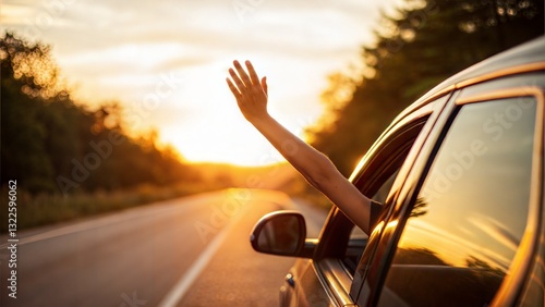 Wallpaper Mural Hand waving out of a car window during a golden sunset drive, symbolizing freedom, adventure and a relaxing road trip experience Torontodigital.ca