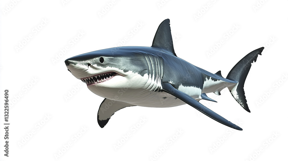 Fototapeta premium Great white shark on white background, showcasing its powerful form