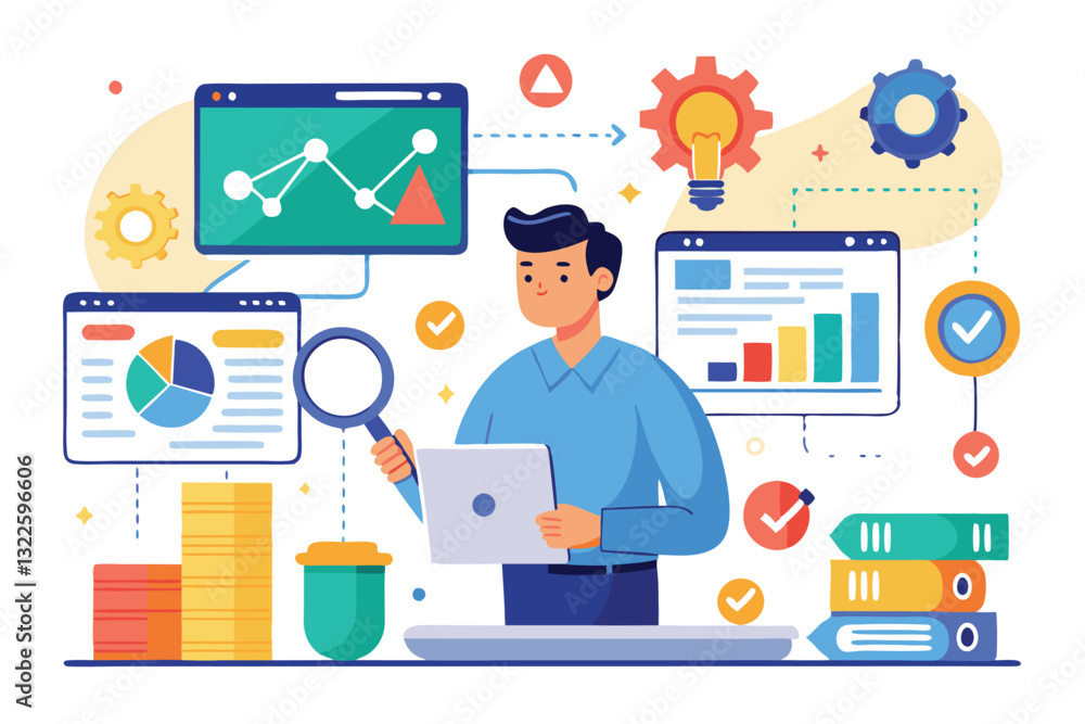 Social media data center. SMM stats, digital marketing research, market trends analysis. Female expert studying online survey results Social media data center. SMM stats, digital marketing research, market trends analysis. Female expert studying online survey results