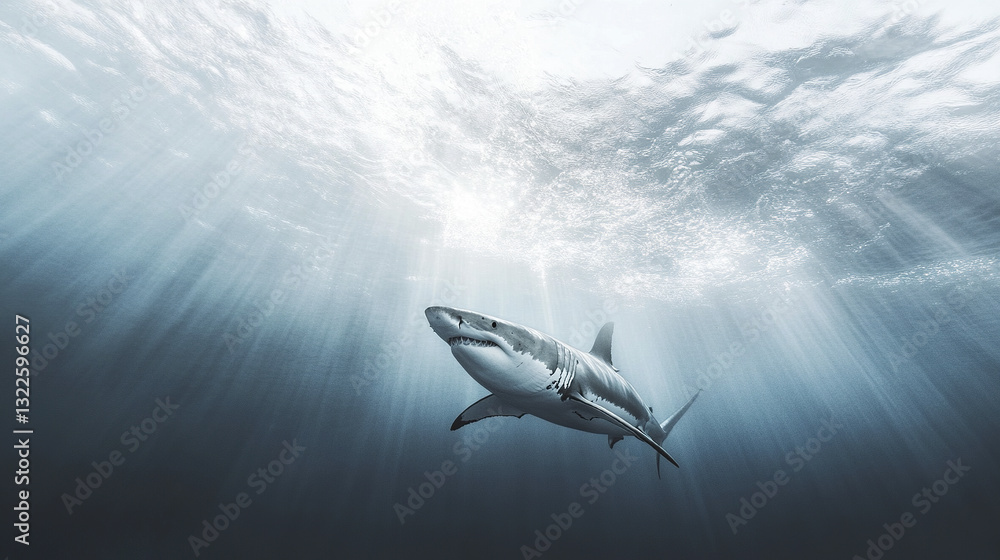 Fototapeta premium Great white shark swimming in ocean with sun rays filtering through water