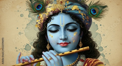 A stunning digital painting of Lord Krishna playing his flute, surrounded by intricate jewelry and vibrant peacock feathers.