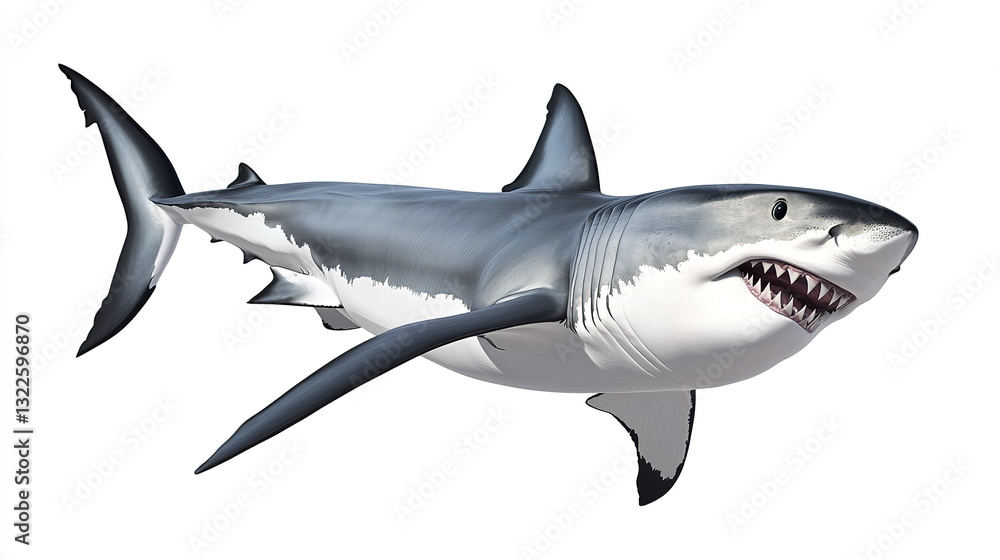 Fototapeta premium Great white shark emerging on white background