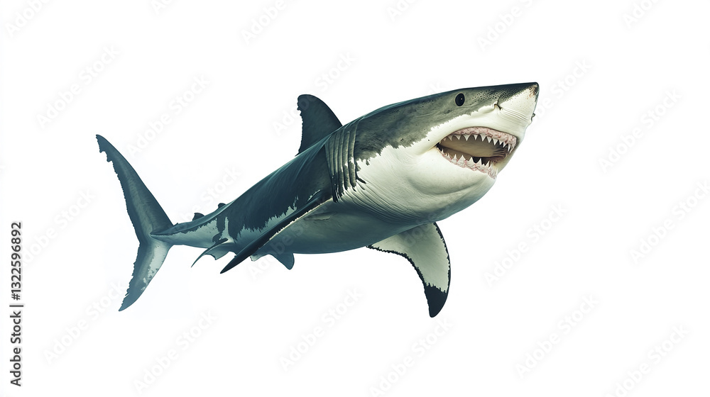 Fototapeta premium Great white shark emerging on white background