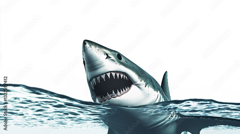 Fototapeta premium Great white shark emerging from water with open mouth