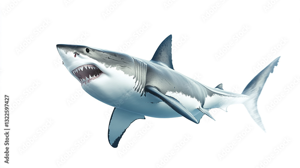 Fototapeta premium Great white shark emerging on white background