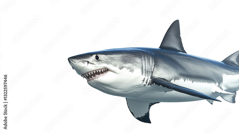 Fototapeta premium Great white shark emerging on white background