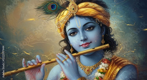 A vibrant depiction of a youthful musician with striking blue skin and elaborate golden accessories, capturing the essence of musical talent.