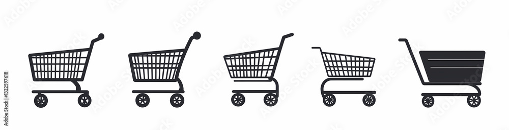 Shopping Cart Silhouette Set: A collection of diverse shopping cart silhouettes in a row, evoking the bustling environment of retail, representing the variety of options available. Shopping Cart Silhouette Set: A collection of diverse shopping cart silhouettes in a row, evoking the bustling environment of retail, representing the variety of options available.