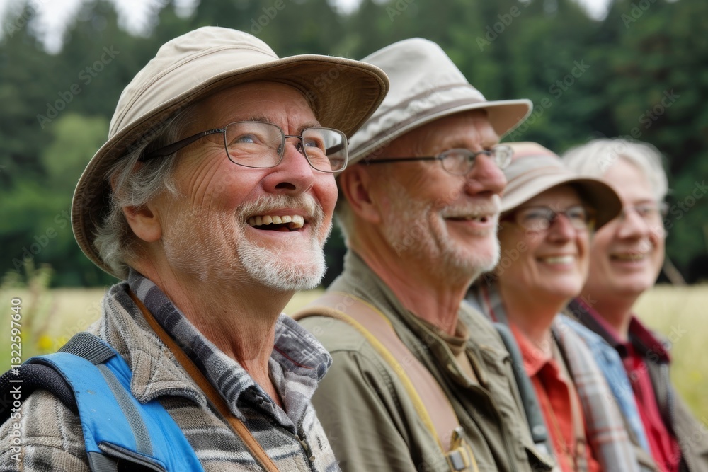 Group of seniors standing in the field, smiling and looking at camera Group of seniors standing in the field, smiling and looking at camera