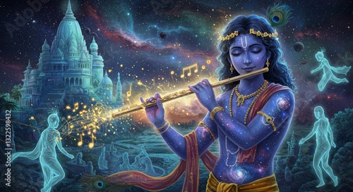Lord Krishna's enchanting flute melody, adorned with mystical elements in vibrant colors.