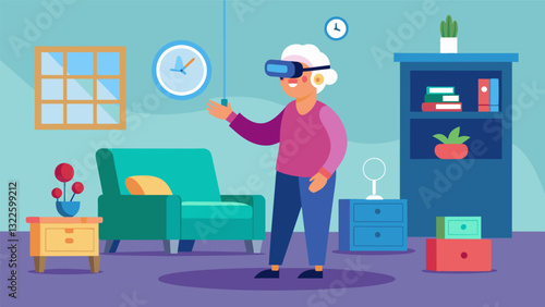 A senior citizen using VR to revisit their childhood home walking through the rooms and seeing the familiar furniture and decorations of their past.. Vector illustration
