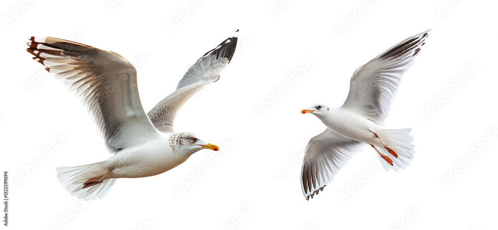 Obraz premium Two Seagulls in Midair Flight Against a Clear Sky Background