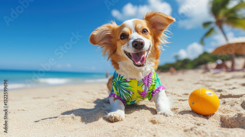 A happy dog in Hawaiian summer suit playing fetch on sunny beach