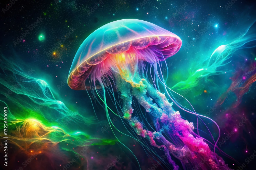 Luminous Neon Jellyfish in Cosmic Nebula: Surreal Underwater Space Art Luminous Neon Jellyfish in Cosmic Nebula: Surreal Underwater Space Art