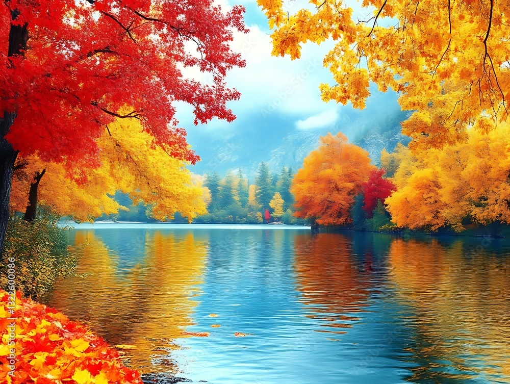 Reflecting Autumn Foliage on Tranquil Lake Water Scene Landscape Reflecting Autumn Foliage on Tranquil Lake Water Scene Landscape