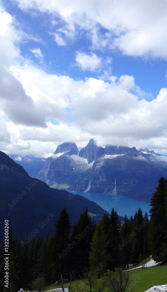 Obraz premium Karersee lake and the Latemar mountain group in a cloudy day, Dolomites. with white shades