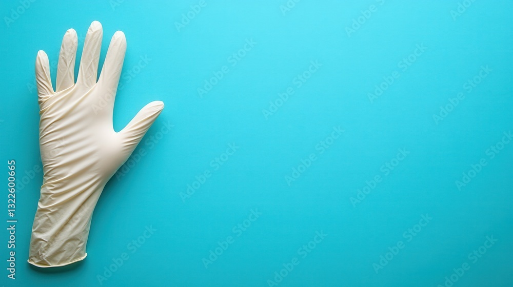 Obraz premium A white latex glove is positioned on a bright blue surface, highlighting themes of hygiene and safety commonly associated with medical practices and cleanliness