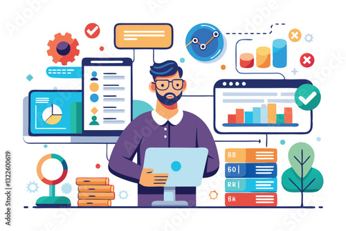 Flat vector design statistical and Data analysis for business finance investment concept with business people team working on monitor graph dashboard
