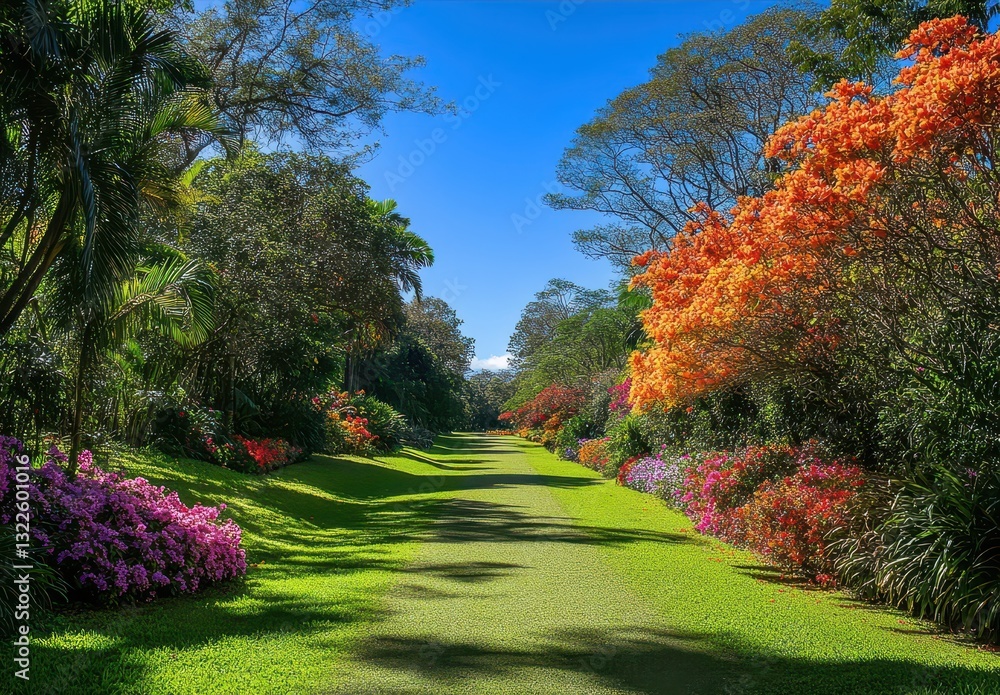 Obraz premium Serene Pathway Through a Colorful Garden Surrounded by Vibrant Flowers and Lush Greenery Under a Clear Blue Sky