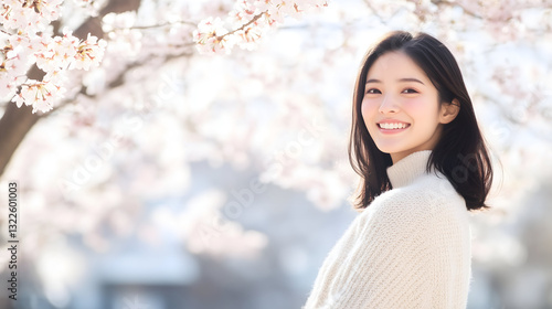 はる 春 日本人 日本 桜 さくら アーチ 女性 モデル スマイル 微笑み ポートレート 顔 ピンク 空白 コビースペース