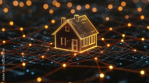 A glowing house icon is centered on a digital grid, connected with illuminated lines representing a network. The image illustrates the intersection of technology and home