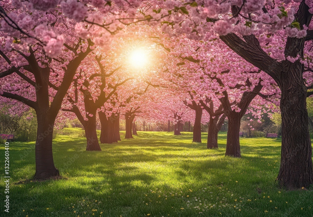 Fototapeta premium Serene Pathway Through Blooming Cherry Blossom Trees with Bright Sunlight Illuminating the Vibrant Pink Flowers and Lush Green Grass in a Tranquil Spring Setting