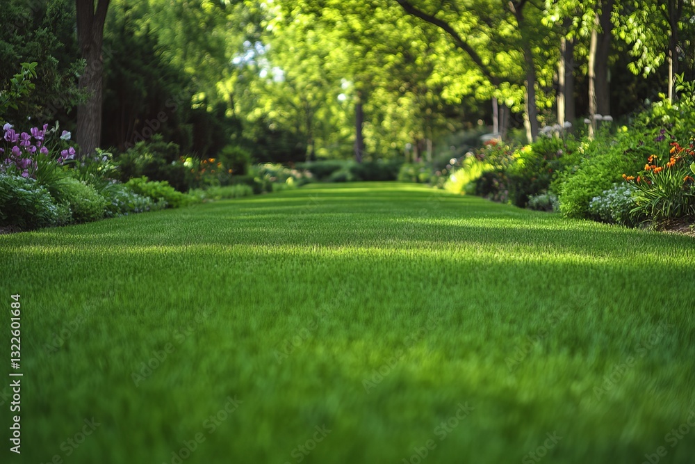 Vibrant Green Lush Grass Lawn Garden Path Sunlight Summer Nature Scenery Beautiful Tranquil Peaceful Serene Landscape View  Perfect Backyard Greenery 