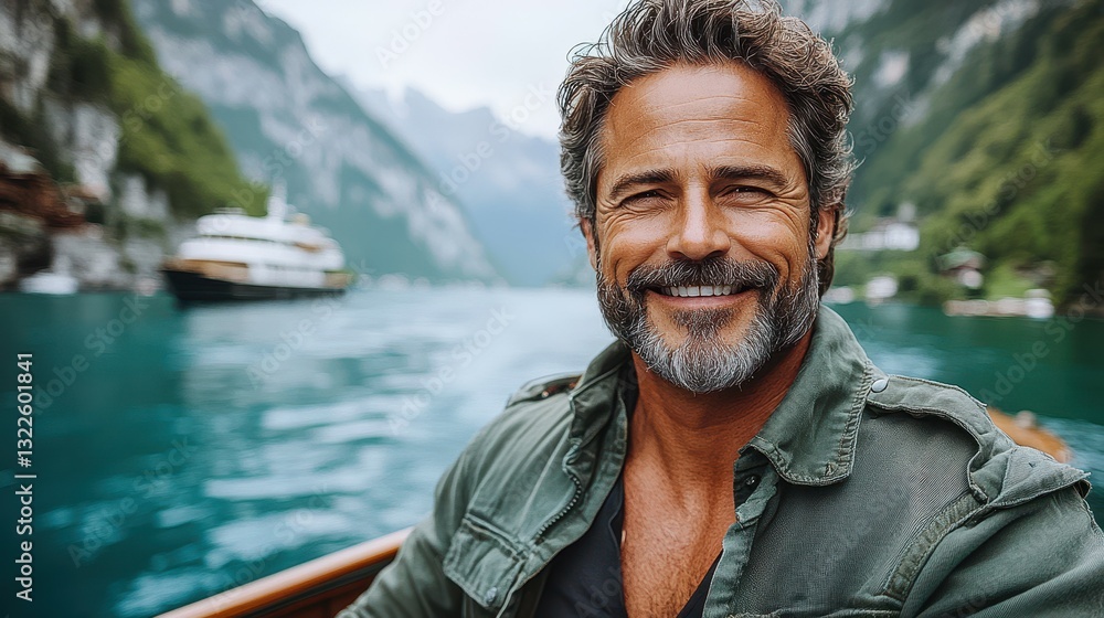 A mature man with a beard smiles while seated in a boat on a beautiful lake. Lush mountains rise in the background under bright blue skies, creating a serene atmosphere A mature man with a beard smiles while seated in a boat on a beautiful lake. Lush mountains rise in the background under bright blue skies, creating a serene atmosphere