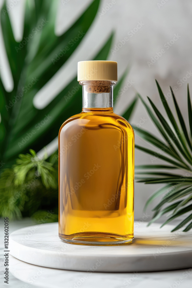 Elegant glass bottle filled with golden oil, placed on a marble surface with lush green leaves in the background.
Elegant glass bottle filled with golden oil, placed on a marble surface with lush green leaves in the background.