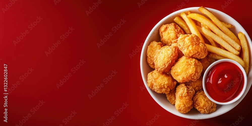 Crispy chicken nuggets with golden french fries and ketchup served in a white bowl on a vibrant red background Crispy chicken nuggets with golden french fries and ketchup served in a white bowl on a vibrant red background