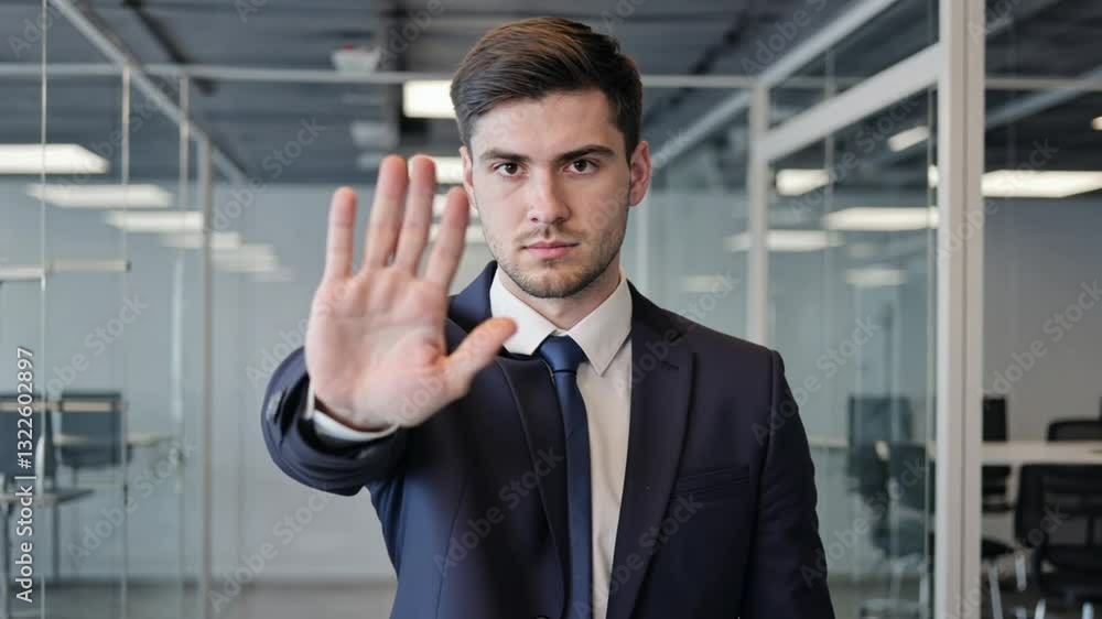 A focused businessman extends his arm to halt an unseen situation. Concept of denying permission and asserting control. A focused businessman extends his arm to halt an unseen situation. Concept of denying permission and asserting control.