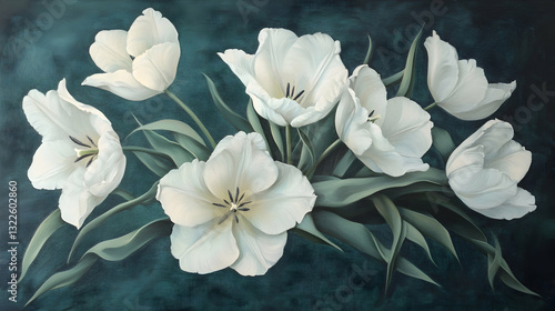 Elegant white tulips displayed against a deep green backdrop