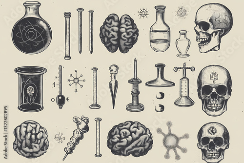 Scientific Oddities: A meticulously crafted assemblage of vintage scientific illustrations, featuring anatomical studies, beakers, and skulls.