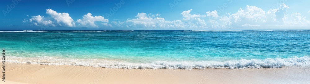 Tropical beach panoramic view with white sand, turquoise water and blue sky Tropical beach panoramic view with white sand, turquoise water and blue sky