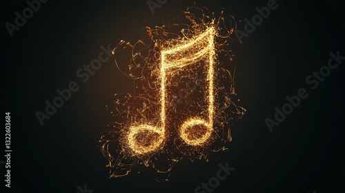A glowing musical note is artistically represented using sparkling particles against a dark background, emphasizing creativity and rhythm in a captivating way