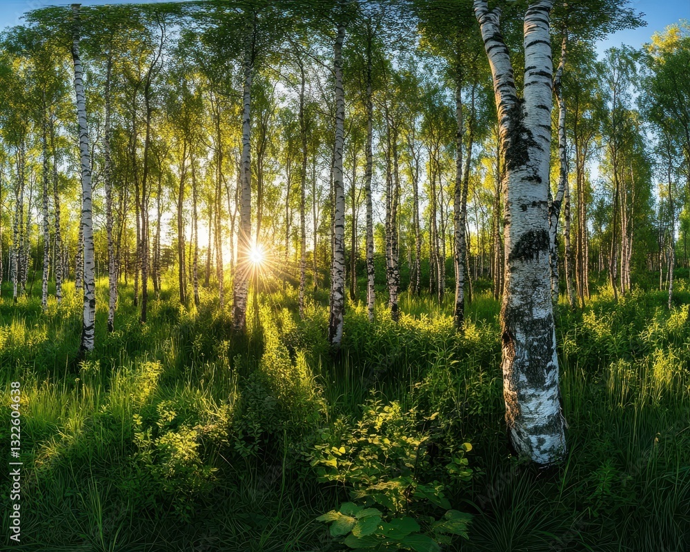 Obraz premium Serene Sunlight Filtering Through Birch Trees in a Lush Forest, Creating a Peaceful Atmosphere of Nature in Early Morning Light