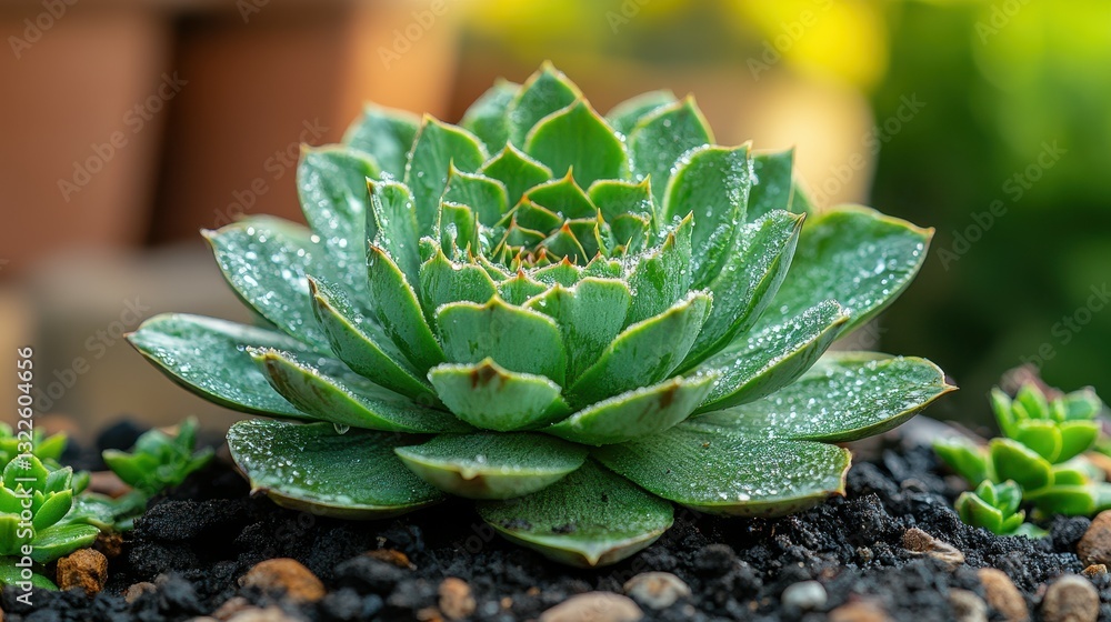 Fototapeta premium A lush succulent plant displays vibrant green leaves adorned with water droplets, set against rich soil, basking in gentle morning sunlight, surrounded by smaller plants