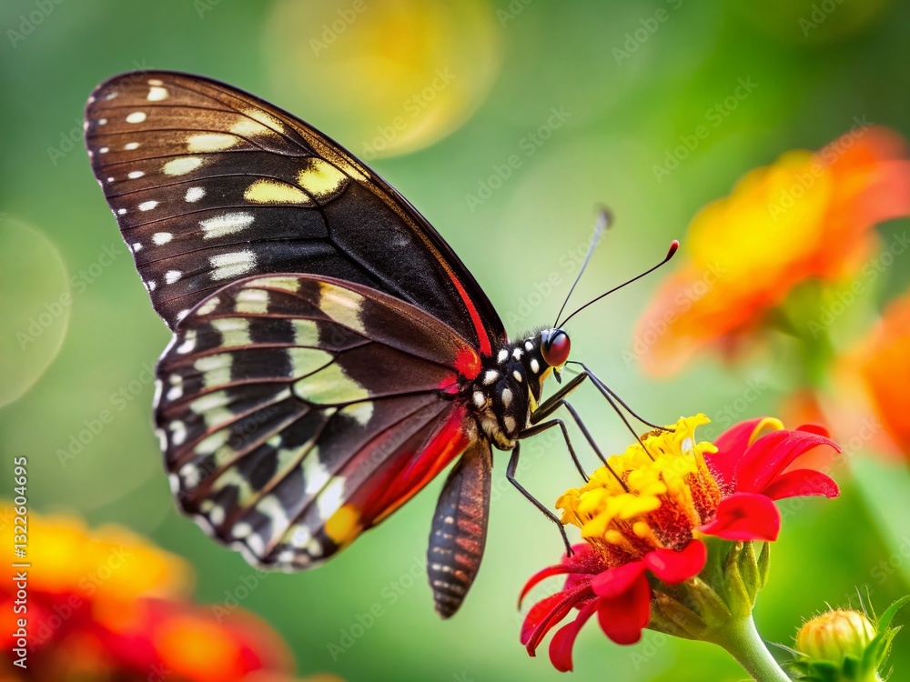 Fototapeta premium Macro Photography: Black Butterfly with Red & White Spots on Yellow Flower