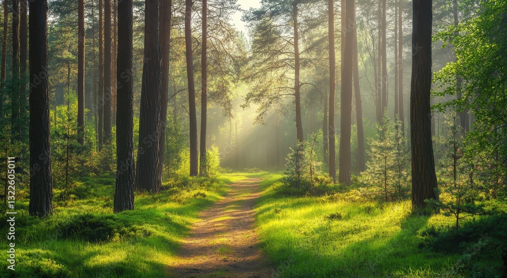 Obraz premium Serene Sunlight Through Tall Trees Illuminates a Peaceful Forest Path with Lush Green Grass and Gentle Hills in a Tranquil Natural Environment