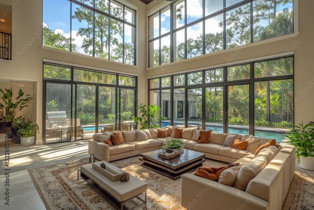 Sunlit luxury living room with sectional sofa, pool view. Sunlit luxury living room with sectional sofa, pool view.