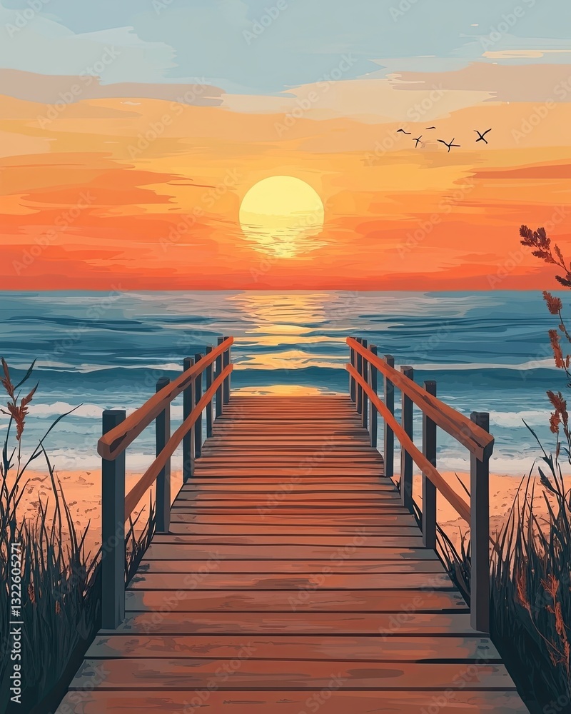 Obraz premium A serene sunset over the ocean viewed from a wooden pier surrounded by nature.