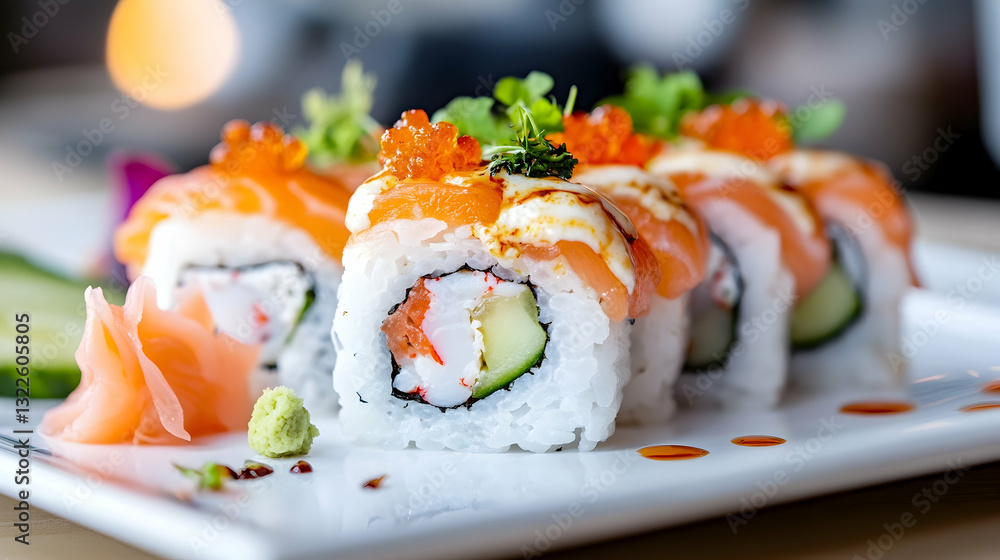 Freshly prepared sushi rolls with seafood, cucumber, and garnish, served on a white plate Freshly prepared sushi rolls with seafood, cucumber, and garnish, served on a white plate