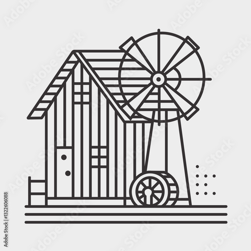 Vector illustration of a traditional windmill barn. Isolated stock image ideal for rural, agriculture, and eco-friendly designs, symbolizing sustainability, farming, and countryside living.