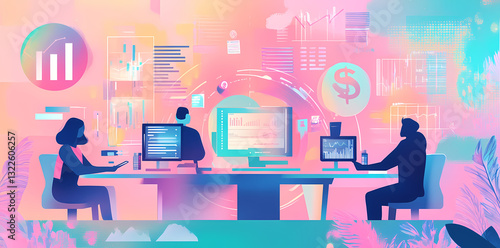 Wallpaper Mural Digital Dawn: Illustrative representation of business professionals working collaboratively on financial data analysis, visualized with vibrant neon hues and modern design elements.  Torontodigital.ca