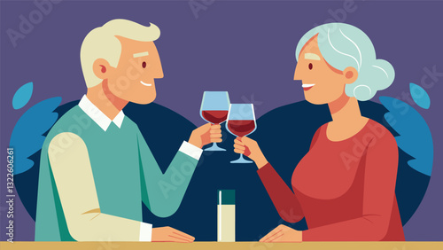 A pair of retirees attending a wine tasting event sipping and discussing their favorite vintages.. Vector illustration